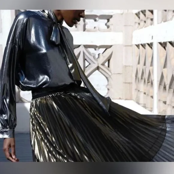 Le Superbe Vintage Gold Pewter Costes Tie Front Blouse Nwt Large - Picture 5 of 5